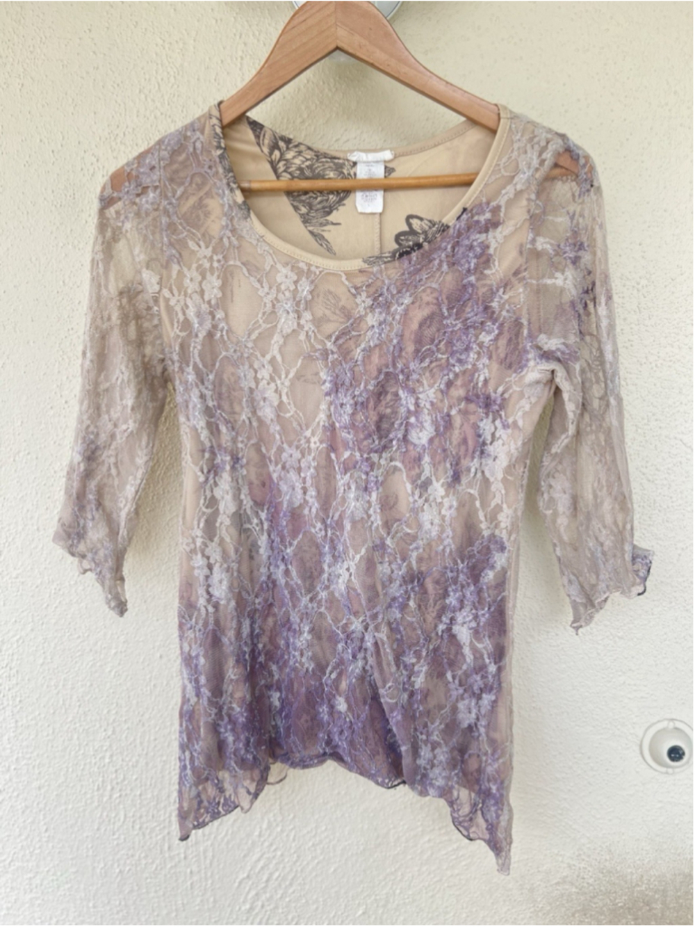 VTG Brittany Black Lace Mesh Lavender Sheer Floral Bell Sleeve Top Fairy Whimsy